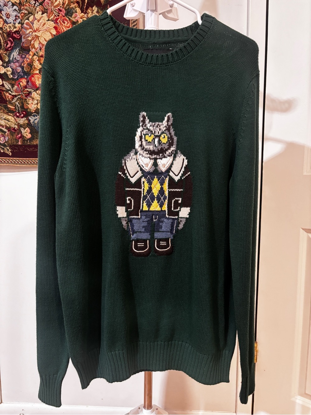 Allen Oliver Men’s M Green Owl Sweater Preppy Argyle Owl Graphic Cotton Blend